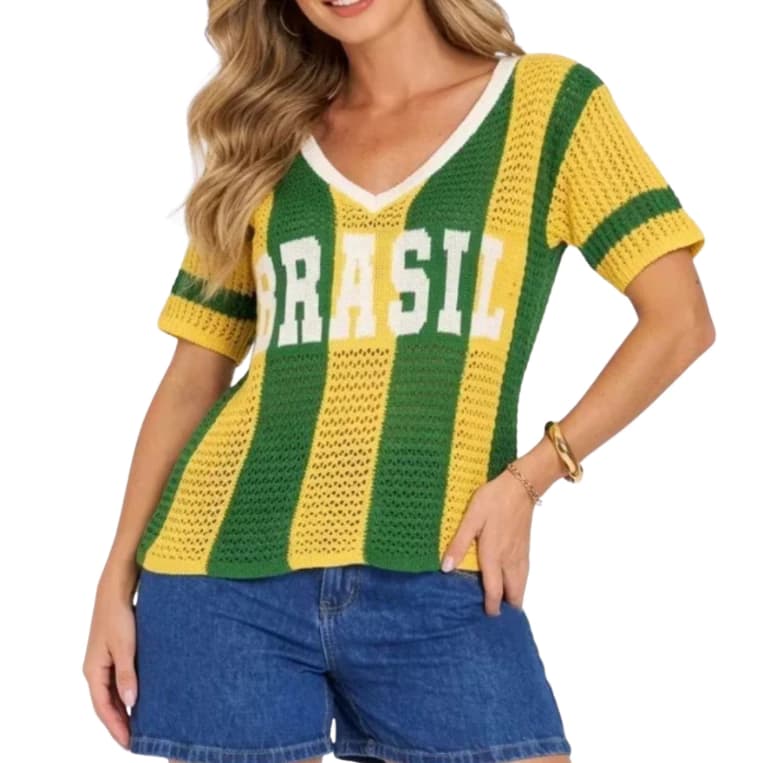 Blusa do Brasil Feminina Tricot Estilosa Elegante Tendência Copa Tricô