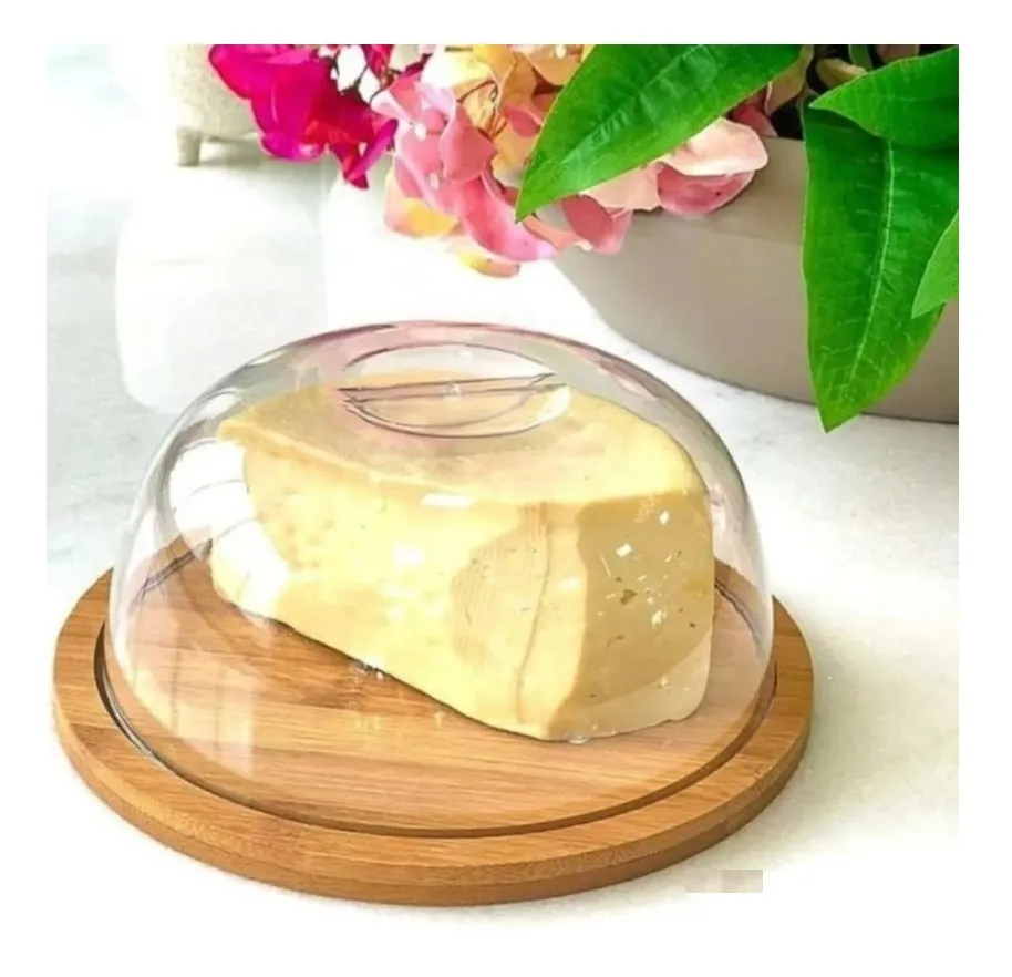 Porta Queijo Queijeira Prato Bambu Com Tampa Acrílica Linda Cor Madeira