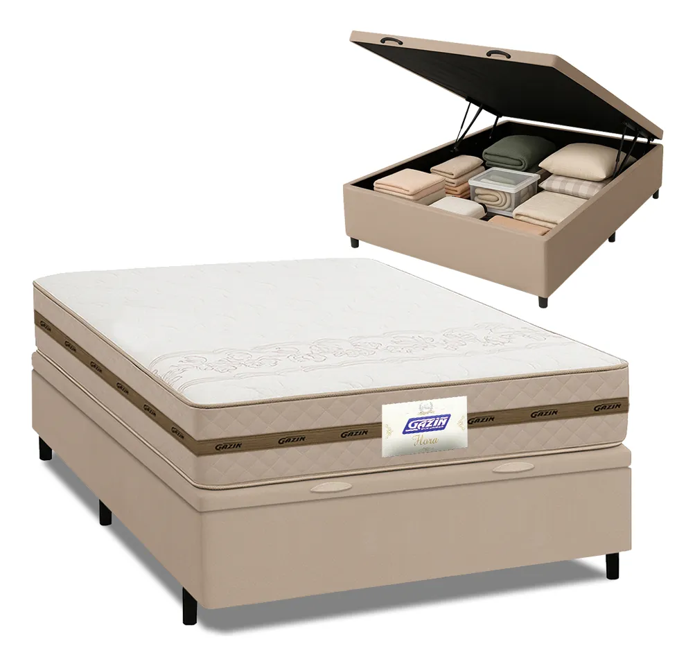 Cama Box Baú Casal Colchão Gazin Molas Flora Bege 138x188x61cm
