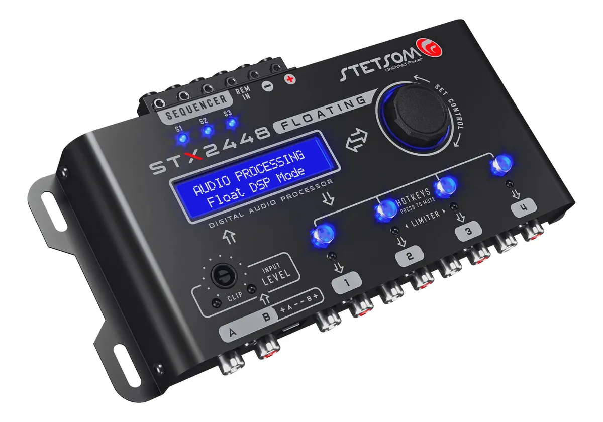 Processador De Áudio Digital Stetsom STX2448 FLOATING Equalizador Crossover Automotivo 2 Entradas 4 Saídas Mesa Regulagem Alta Precisão Frequência Controle Automação Profissional Projetos Som Áudio