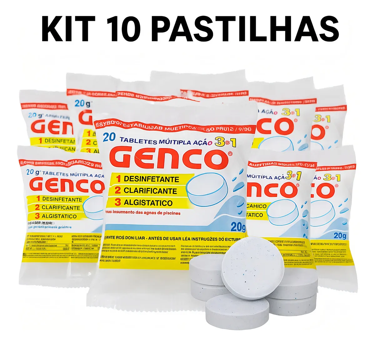 Kit 10 Pastilhas Cloro Estabilizado 200g 3 em 1 Genco T-200
