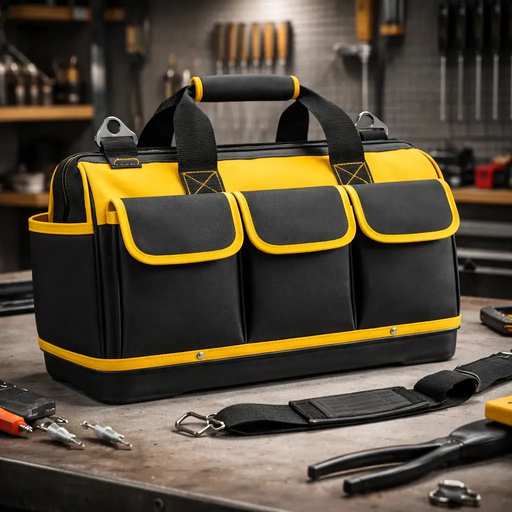 Bolsa Maleta De Ferramentas Grande Reforçada 16 Bolsos Para Eletricista E Profissionais - Fundo Firme Em Borracha - Preto E Amarelo