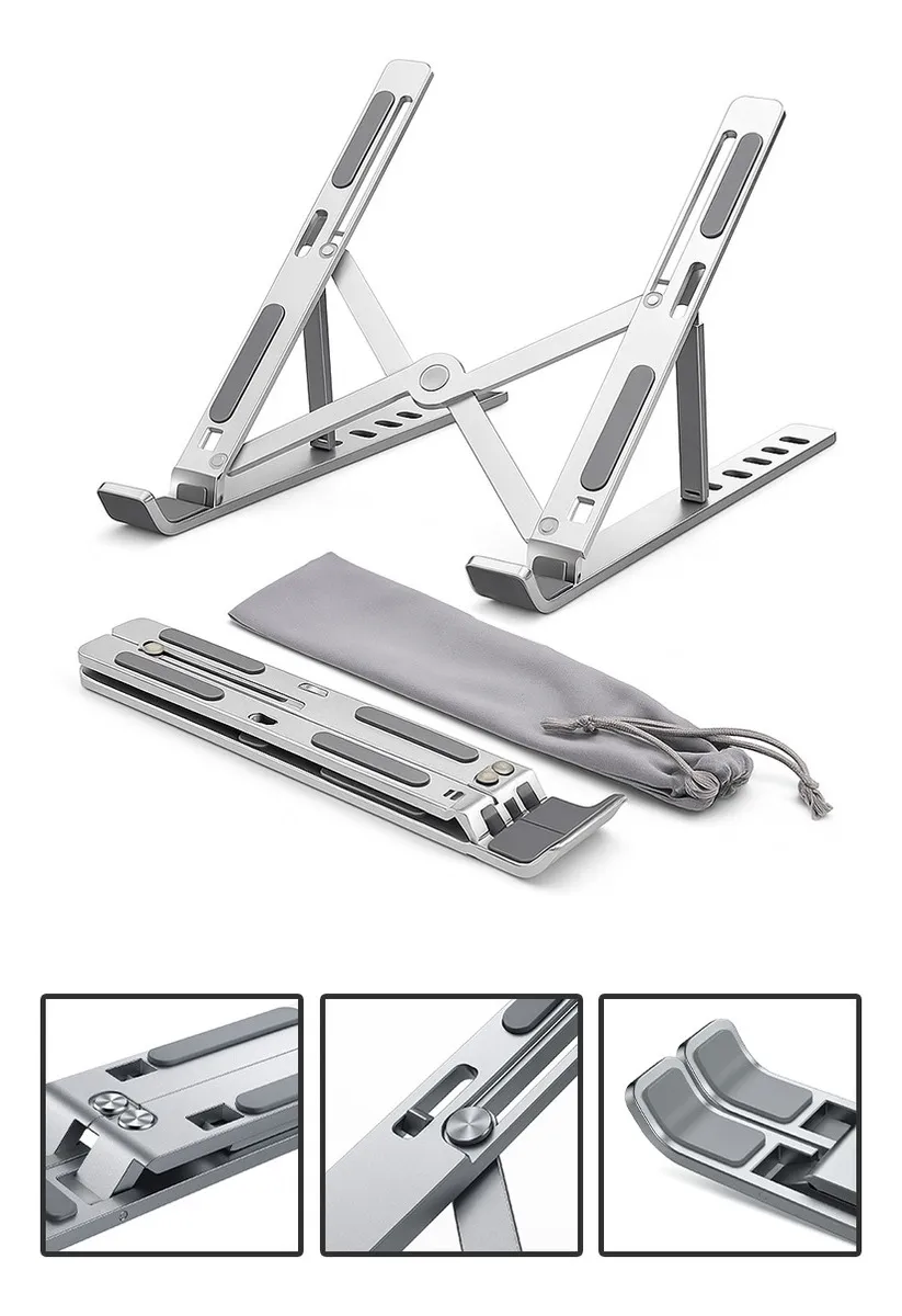 Base Suporte Para PC Notebook Alumínio Portátil Articulado Dobrável Tablet Laptop Mesa Davely Cor Prateado