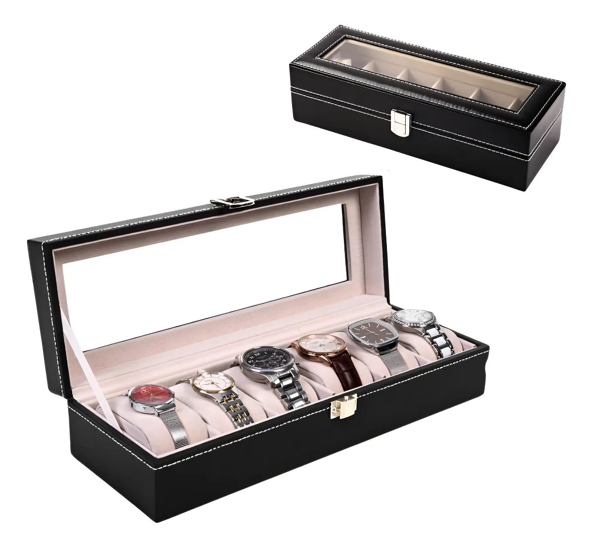 Caixa Maleta Estojo Porta Relógios Organizadora 6 Lugares Cor Preto Marca PB Comércio Mix