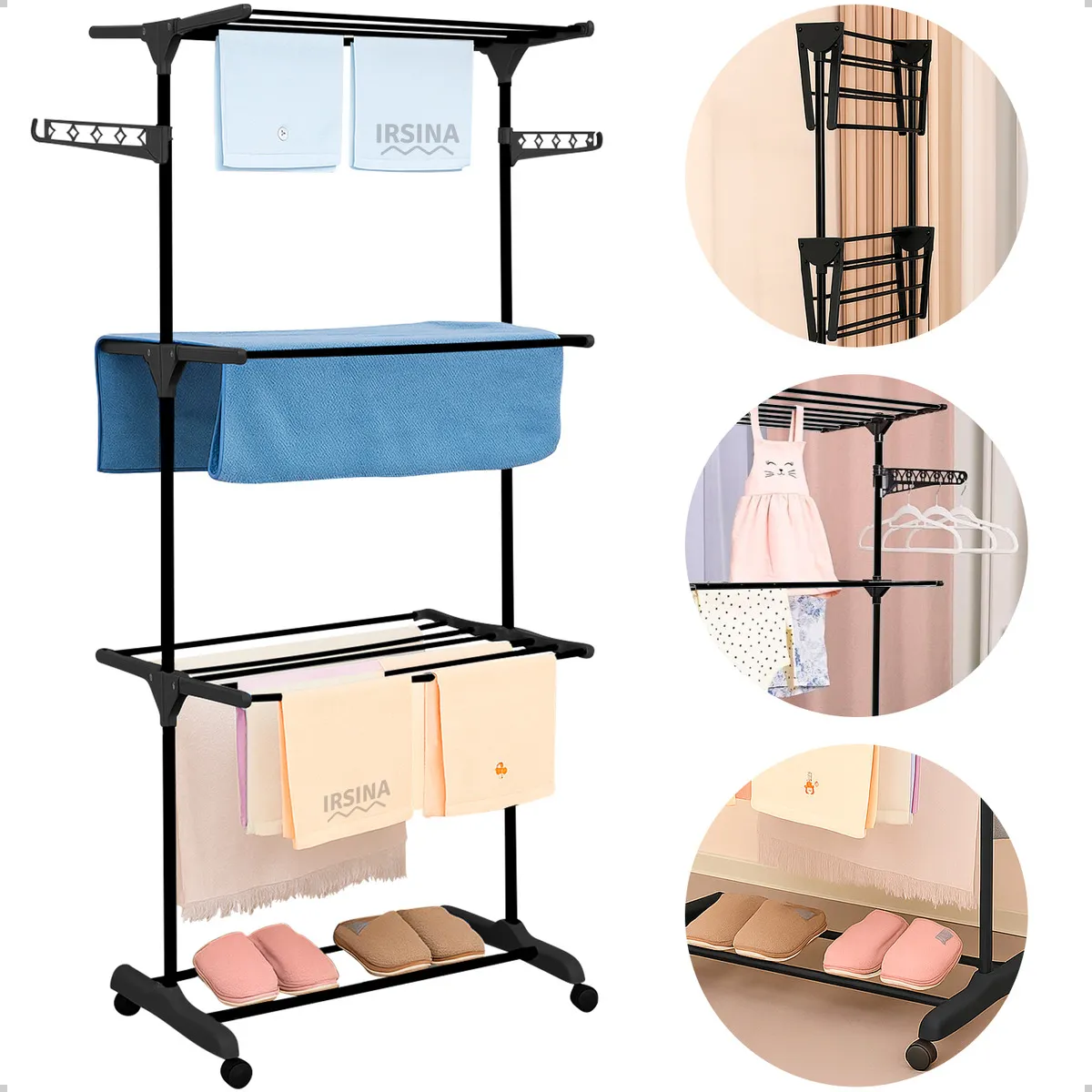 Varal Dobrável De Chão 3 Andares De Roupas Grande Com Rodinha Aba Lateral Retrátil Para Cabide Lavanderia Apartamento Casa Cor Preto Irsina