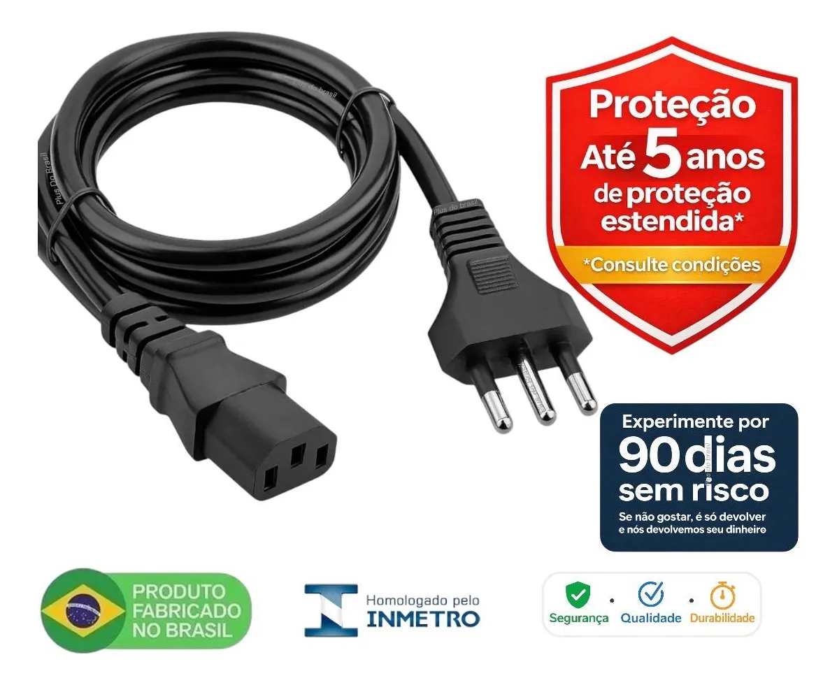 Plus Do Brasil Cabo De Força Energia 10a Tripolar P/ Pc Fonte Computador Cpu Monitor Eletrônicos C13 Panela Eletrica Pressão Robo Aspirador Br - Certificado Inmetro - Fabricado No Brasil